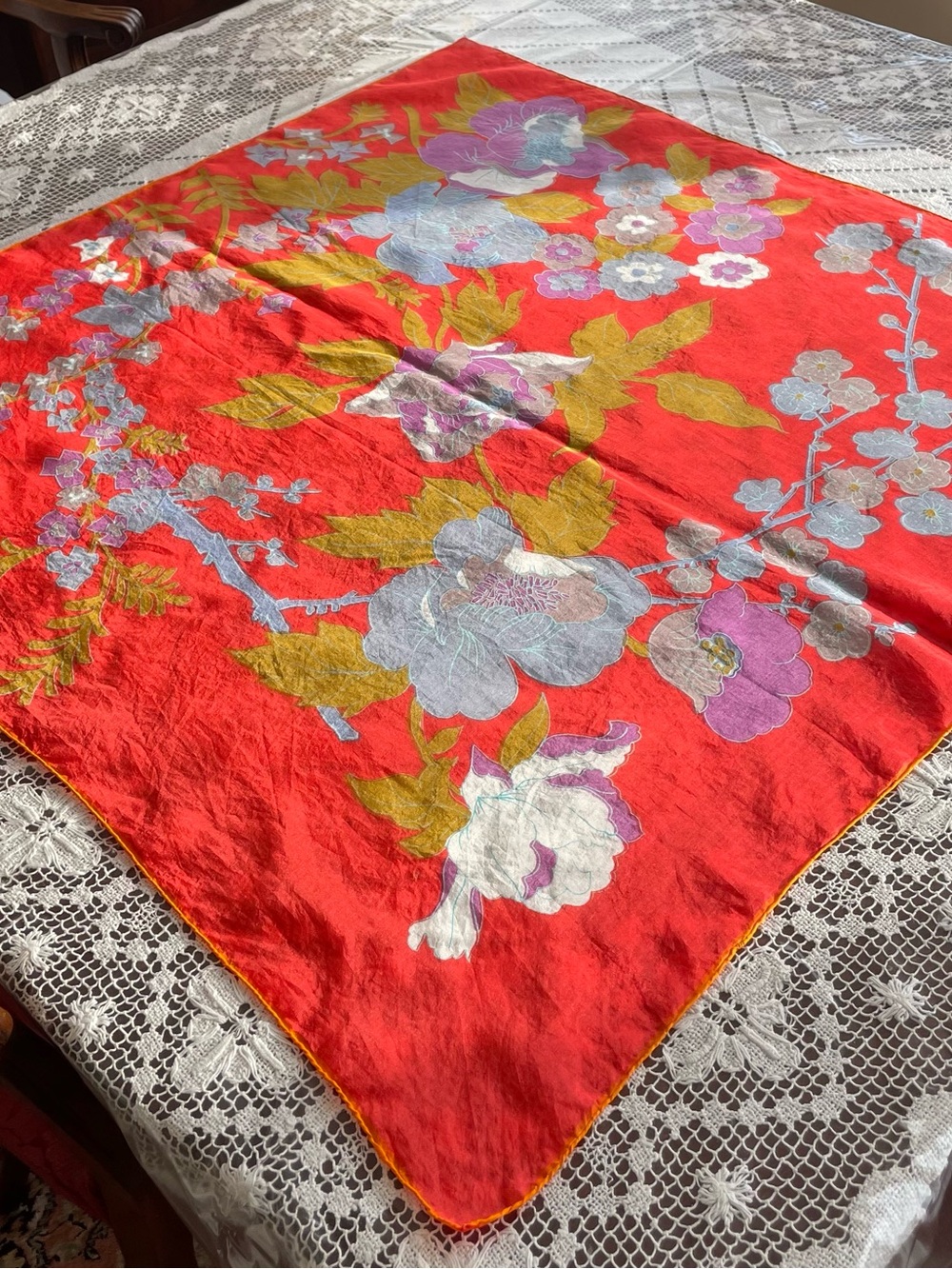 Vintage TRIANGLE 100% Silk Vibrant Red orange hand rolled edge Floral Scarf